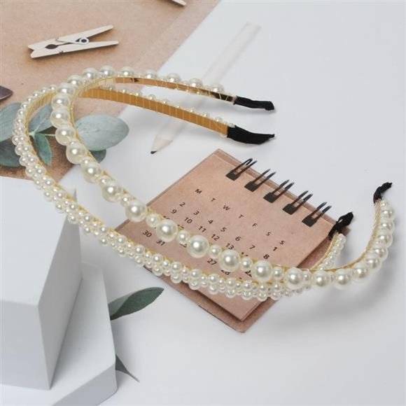 3 Pack Pearl Headbands White Faux Pearls Gold Hairbands Bridal Hair Hoop main image 5